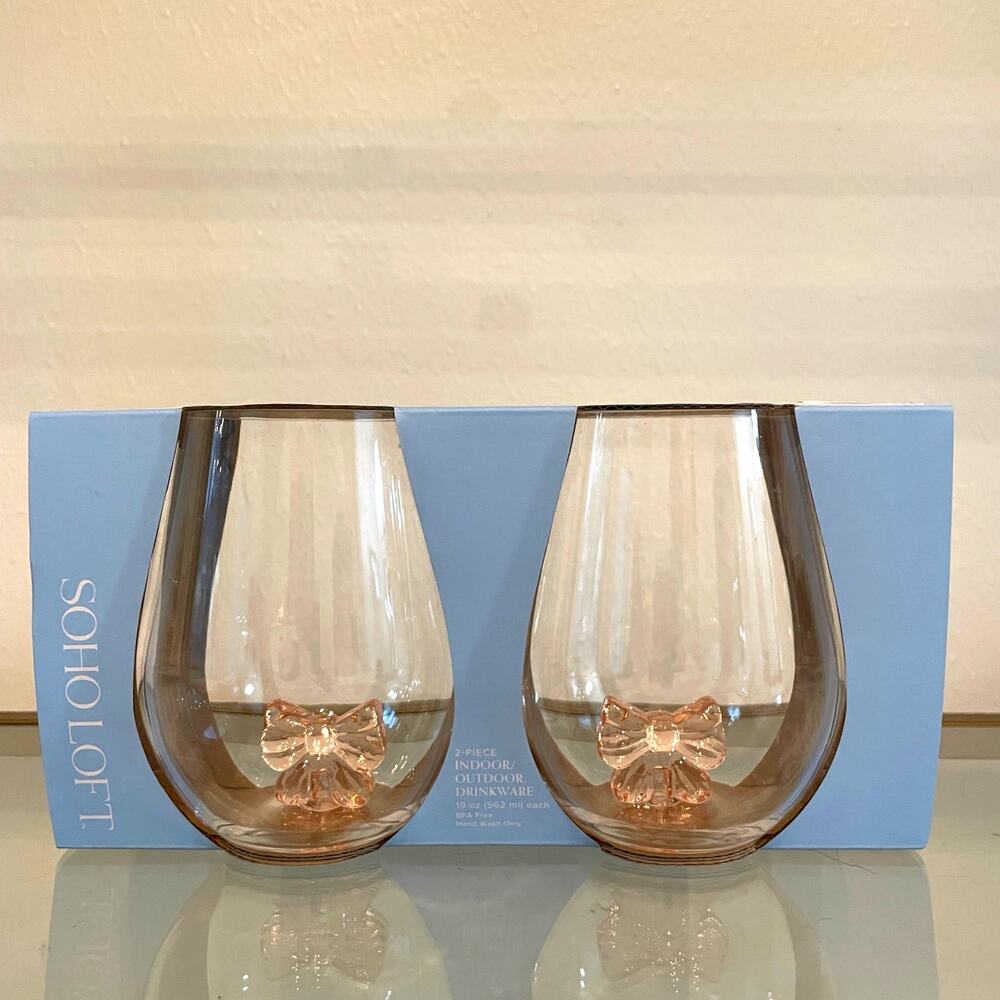 Pink Bow Coquette Acrylic Stemless Wine Glasses 19oz Set of 2 Soho Loft New